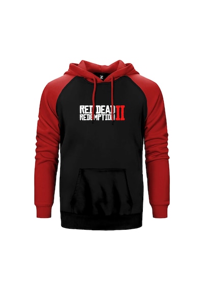 Red Dead Redemption 2 Text Kırmızı Renk Reglan Kol Kapşonlu Sweatshirt Kırmızı