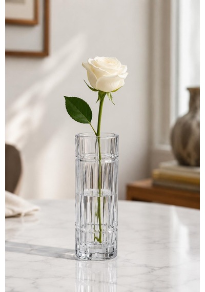 Kristal Cam Dekoratif Vazo 18,7 Cm Şeffaf Silindir Çiçek Vazosu Çap 6,5 Cm