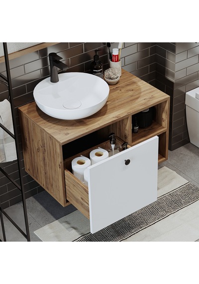 Ayaksız Lavabolu Mdf 75 Cm Çekmeceli Banyo Dolabı Atlantik Çam - Beyaz Ayaksız Lavabolu Mdf 75 Cm Çekmeceli Banyo Dolabı Atlantik Çam - Beyaz