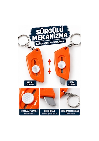 Mini Falçata Anahtarlık Sürgülü Mekanizmalı Kompakt Kutu Açma Bıçağı