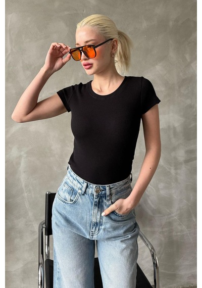 Siyah Geniş Yaka Fittili Basic Kadın T-shirt Mg2293 Siyah
