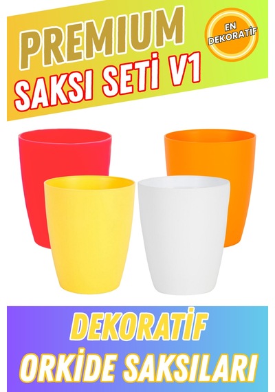 Premium Saksı Seti V1 4 Lü Dekoratif Orkide Saksısı 1,25 L Beyaz, Turuncu, Kırmızı, Sarı