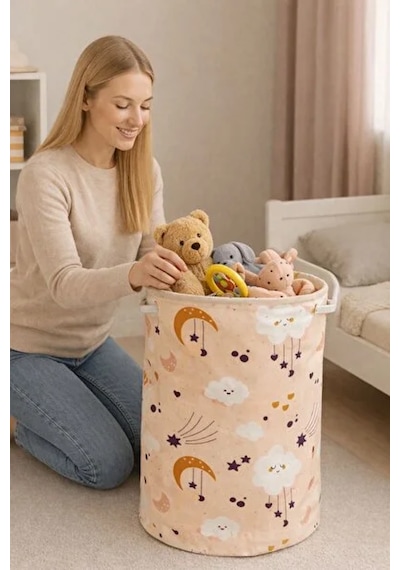 Lüx Bebek Kirli Çamaşır Sepeti Oyuncak Sepeti Katlanabilir, Çok Amaçlı, Bebek Odası Düzenleyici 60x50. Bej