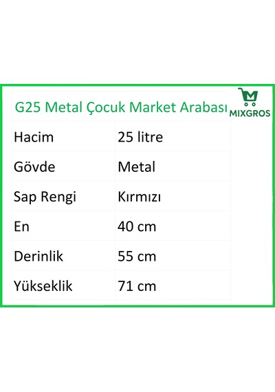 G25 Metal Çocuk Market Alışveriş Arabası 25 Litre