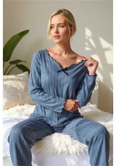 Bella Notte İndigo Pamuklu Fiyonk Detaylı Pijama Takımı Mavi