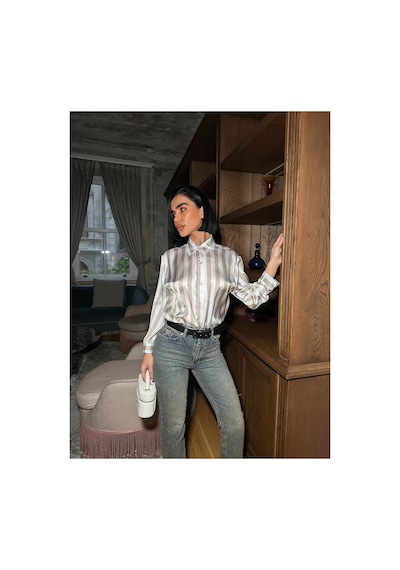 Meecy Çok Renkli Dikey Çizgili Premium Saten Gömlek - Retro Şık Tasarım Krem Krem