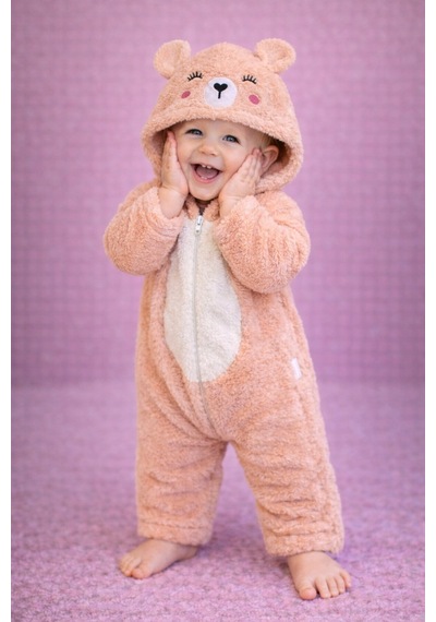 Kışlık Tatlı Ayıcık Figürlü Kapüşonlu Peluş Bebek Tulum Somon