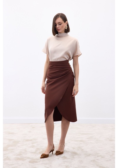 Sateen Düğme Detaylı Kalem Etek - Kahve-136775 Kahve