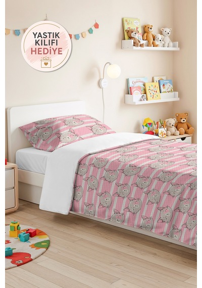 Evimde Bambaşka Pembe Kedi Kız Çocuk Pike Takımı - Çizgili Gri Bebek Odası Mevsimlik Yatak Örtüsü - 160x220 CM Evimde Bambaşka Pembe Kedi Kız Çocuk Pike Takımı - Çizgili Gri Bebek Odası Mevsimlik Yatak Örtüsü - 160x220 CM
