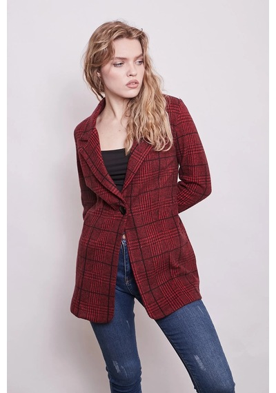 Ekose Desenli Yakalı Uzun Kol Tek Düğme Yünlü Kumaş Blazer Ceket-bordo Ekose Bordo Eks.