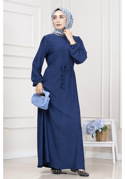 Sevitli Beli Tünelli Fitilli Aslı Elbise-saks Mavi-5465 Saks Mavi
