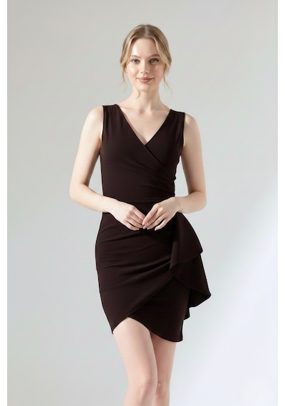 Defymoda Kadın Volanlı Mini Modern Tasarım Elbise Kahverengi
