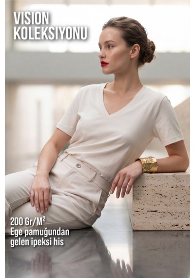 Goffra Kadın Vision V Yaka Premium Kalite Yoğun Dokulu Pamuklu T-shirt Krem W102-r0220-02