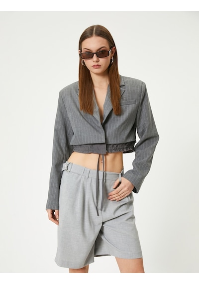 Koton Crop Blazer Ceket Bel Detaylı Bağlamalı Kruvaze Ters Yaka Gri Çizgili 4sal50012ıw Gri