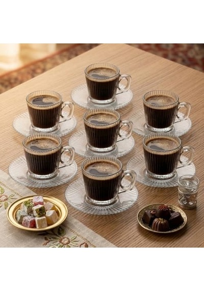 Tr 6'li Cam Kahve Fincanı Seti Çizgili Desenli Şeffaf Fincan Ve Tabak Takımı 8 Cm Espresso Türk Kahvesi Sunum Seti Genel