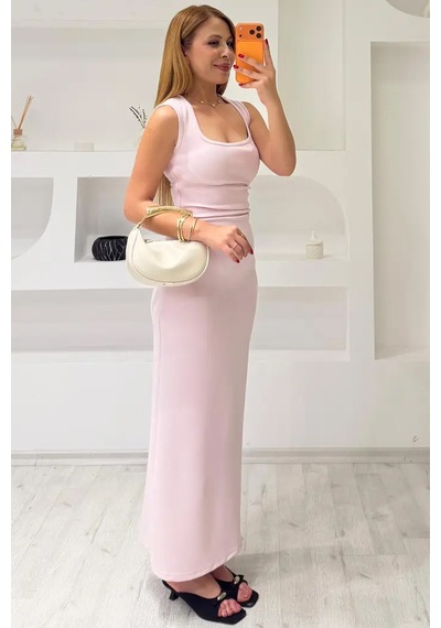 Fiolin Soft Touch Bel Büzgülü Modal Uzun Elbise Pembe