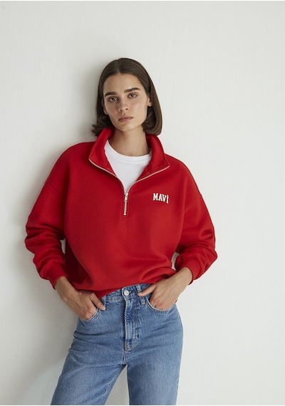 Mavi - Mavi Logo Baskılı Yarı Fermuarlı Kırmızı Sweatshirt 1s10179-86417 Kırmızı