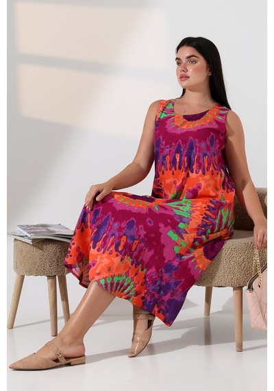Likapa Yazlık Askılı Viskon Elbise 2691 Fuşya Turuncu Batik