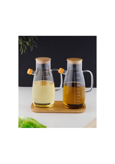 Bambu Standlı 2 Li 1000ml Borosilikat Cam Bambu Kapaklı Yağdanlık Set Ayçiçek Zeytinyağı Yağlık Şeffaf Şeffaf