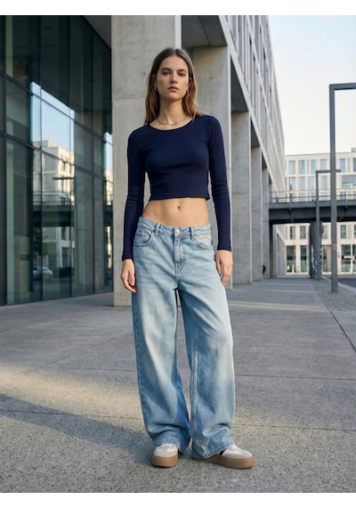 LTB Uzun Kollu Bisiklet Yaka Crop Lacivert Sweatshırt Karışık
