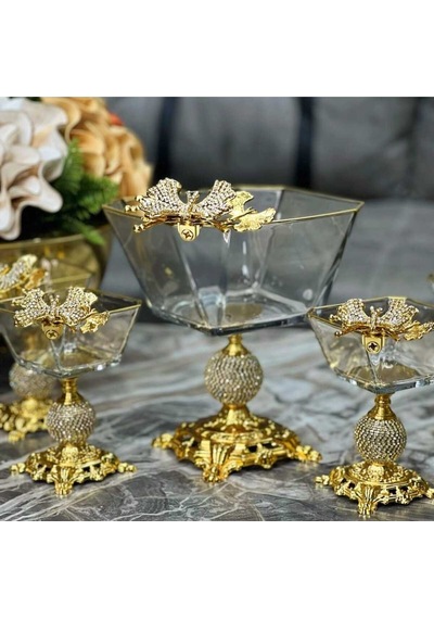 Elta Collection Karen 7 Parça Kelebekli Elmas Döküm Ayaklı Sunumluk Magnolia Dondurmalık Cup Ve Salata Kase Seti Gold