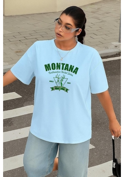 Benroma Büyük Beden Montana Baskılı Unisex Tişört Bebe Mavisi