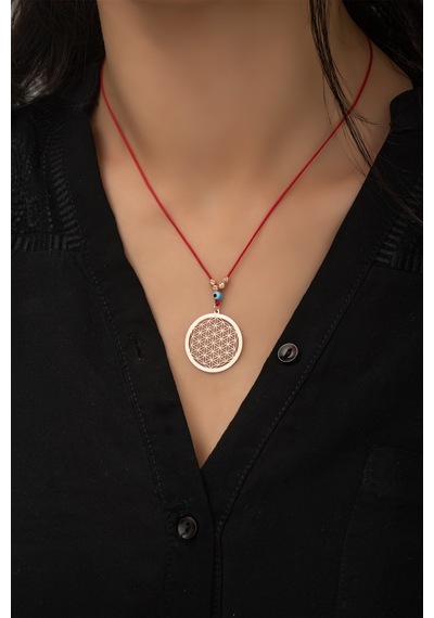 Papatya Silver Kırmızı İpli Yaşam Çiçeği Kolye - Nazarlı ve Dorica Toplu Rose Gold Kaplama 925 Ayar Gümüş Kolye - UVPS100242