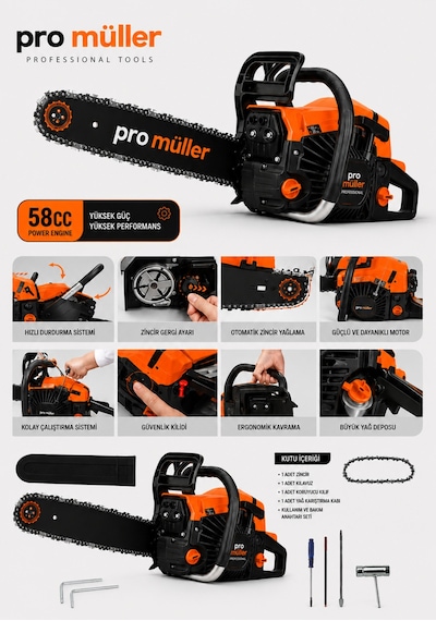 Pro Müller Hava Soğutmalı Çift Egozlu 58 Cc Benzinli Ağaç Odun Dal Motorlu Hızar Bıçkı Testeresi Orman Motoru