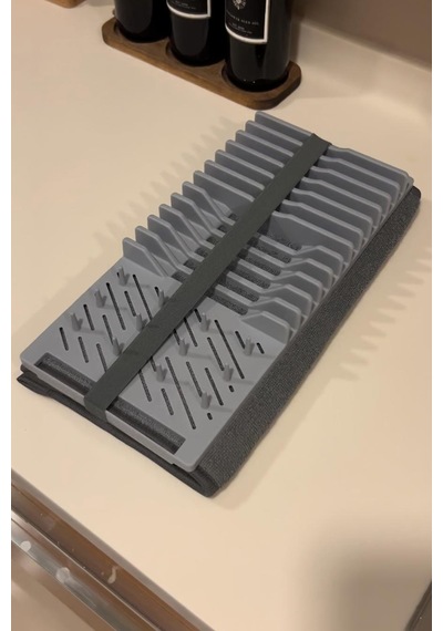 Katlanabilir Bulaşıklık 2 Katlı Büyük Boy Mikrofiber Matlı Tezgah Üstü Kurutmalık Organizer Gri