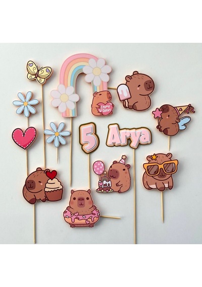 Kapibara Capybara Temalı Kız Çocuk Doğum Günü İsme Özel 3d Çubuklu Pasta Süsü Seti Çocuk