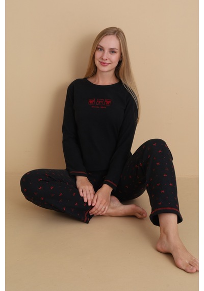 Wordex Mırano 3109 Waffle Yumuaş Kumaş Fiyonk Desenli Kışlık Ev Kadın Pijama Takımı Siyah