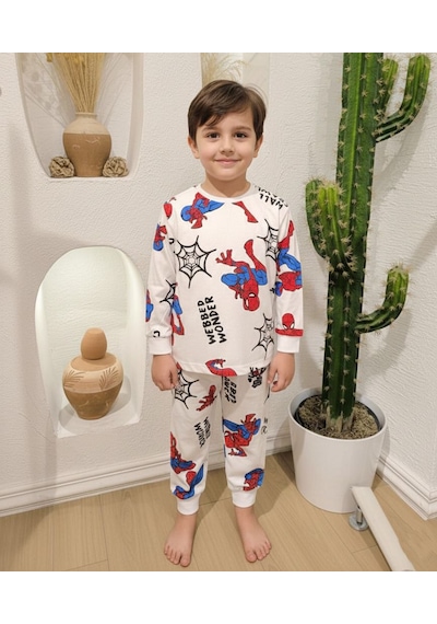 Fidekids Erkek Çocuk Örümcek Desen Karakterli Pijama Takımı%100pamuklu Beyaz - Kırmızı