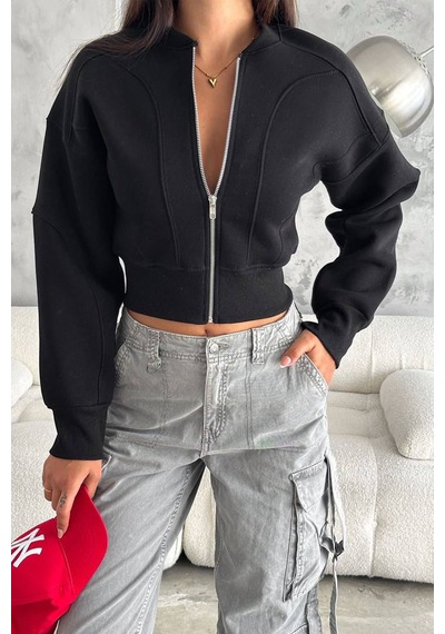 Noa & Noa Kadın Fermuarlı Fit Cropped Sweatshirt Sportif & Şehirli Stil Siyah
