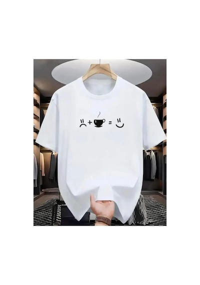 Panda Baskı Tekstil Kahve Smile Baskılı Özel Tasarım Oversize Tshirt Beyaz