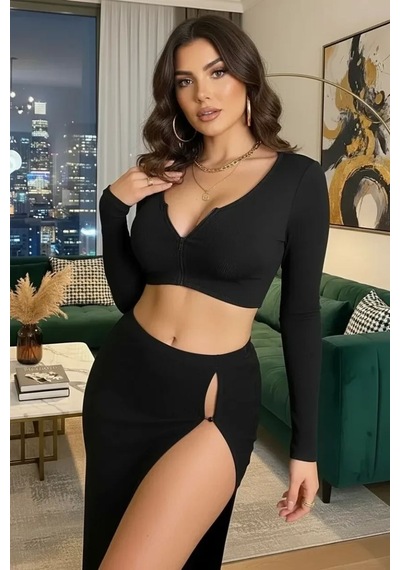 Najmaddin.com Beru Kadın Siyah Modern Fit Uzun Kol Göğüs Ve Göbek Dekolteli Fermuarlı Crop Top Bluz