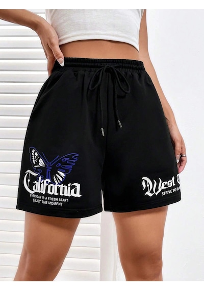 Coolane Butterfly & Letter Graphic Drawstring Waist Şort Siyah
