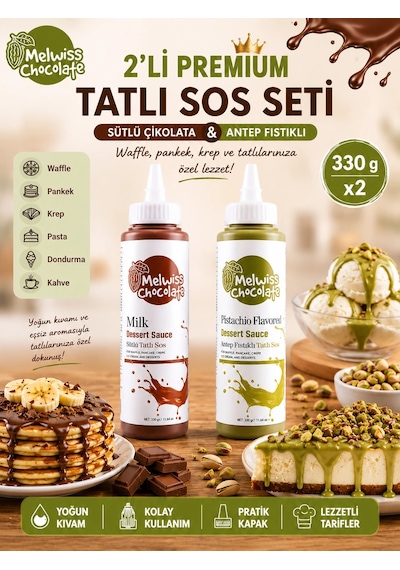 Melwiss Chocolate 2 Li Premium Sos Seti Sütlü Çikolata Ve Antep Fıstıklı 330 Gr X 2