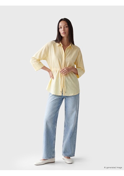 Lcw Everyday Sarı Çizgili Oversize Armürlü Kadın Gömlek