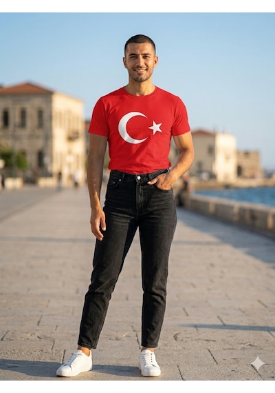 Westicgiyim Unisex Kırmızı Ay Yıldız Türk Bayraklı Tişört T-shirt Kırmızı