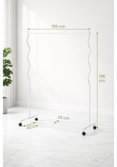 Modern Lüks Desenli Metal Tekerlekli Konfeksiyon Askılığı Kıyafet Askısı Stand Beyaz