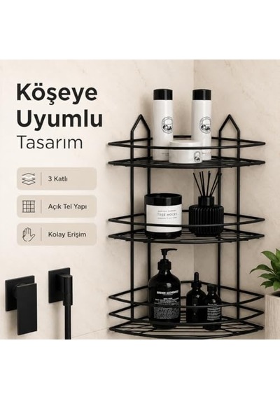 Katlı Siyah Paslanmaz Duvar Veya Tezgah Üstü Köşe Rafı Köşelik Rafı Kahve Rafı Delme Gerektirmez Yapışkanlı Diğer