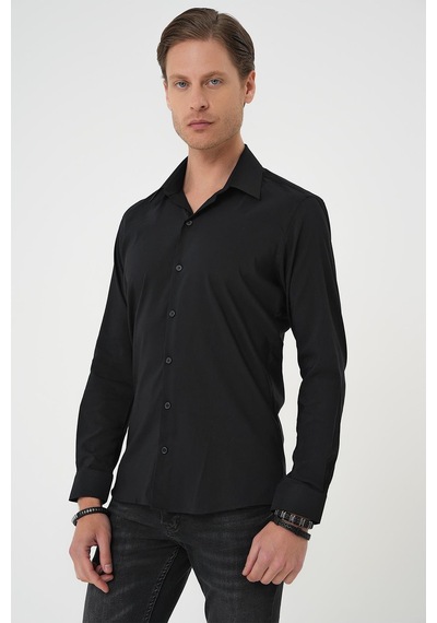 Efor Slim Fit Erkek Yaka Esnek Pamuk Klasik Beyaz Siyah Gömlek Gk 737 Siyah