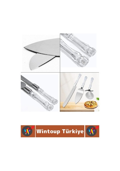 Premium Mutfak Pizza Börek Tatlı Düğün Pastası Kesme Sunum Şık Şeffaf Sap Detayı 3 Parça Servis Seti Çok Renkli