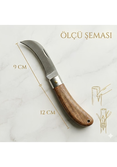 A.şı Bıçağı Eğri Uçlu Ara Çakı Bağ Bıçağı Paslanmaz Çelik Ahşap Saplı Katlanır Bıçak 21 Cm