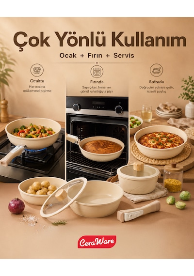 Ceraware Hona Made in Korea Seramik Tencere Tava Seti 14 Parça Sapı Çıkabilen İç İçe Geçen Mutfak Seti