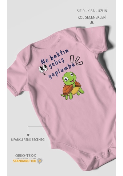 Ne Baktın Gebeş Gaplumba Baskılı Bebek Zıbını Çıtçıtlı Body %100 Pamuk Kısa Kol Koyu Pembe