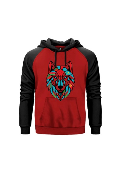 Gri Renk Geometrik Low Poly Bozkurt Başı Baskılı Renkli Reglan Kol Sweatshirt Kapşonlu