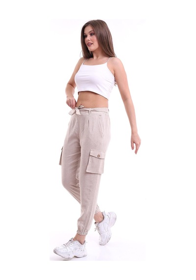 Winmoda34 Keten Pantolon Kargo Cepli Lastik Paça Taş Rengi Taş