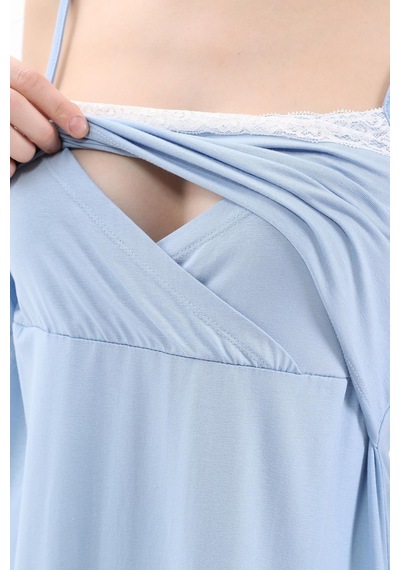 Luvmabelly Myra9651 Sabahlıklı Önden Bölmeli Dantelli Emzirme Geceliği -mavi-mavi