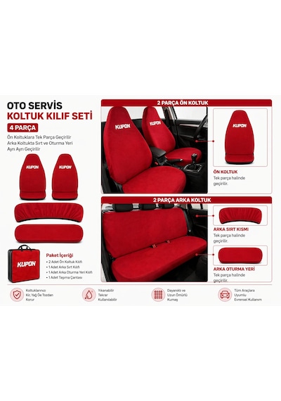 Günaks 4 Parça Oto Servis Koltuk Kılıf Seti Kırmızı Yazılı Ön Tek Parça, Arka Ayrı Sırt & Oturma, Evrensel Uyumlu, Yıkanabilir Pamuklu Kumaş 01